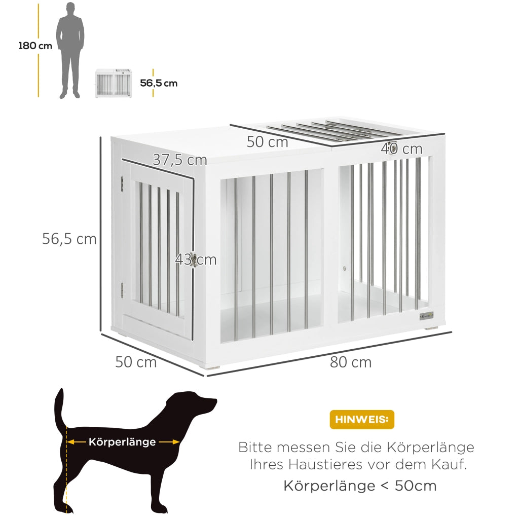 Cuccia per cani con due porte e fondo rialzato, struttura in MDF e acciaio, bianco, 80 × 50 × 56,5 cm