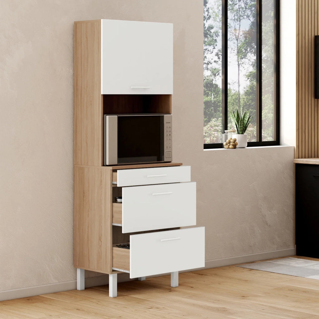 IDMarket - Microonde e casseruola a 2 porte CINA da 60 cm in faggio e bianco