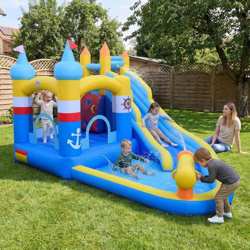 Castello Gonfiabile per Bambini, Casa Gonfiabile con Piscina Splash, Cannone d'Acqua, Area di Rimbalzo, Scivolo Lungo, Parete d'Arrampicata, per Bambini 3-12 Anni (Senza Soffiatore)
