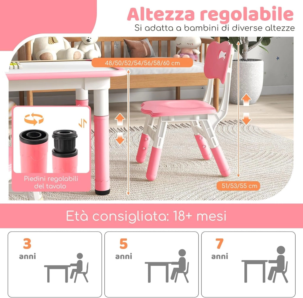 Set Tavolo e 4 Seide per Bambini, Scrivania Regolabile in Altezza con Piano Graffiti, Gambe Antiscivolo, Mobile Multifuzione con 4 Posti per Cameretta, Asilo e Scuola (Rosa)