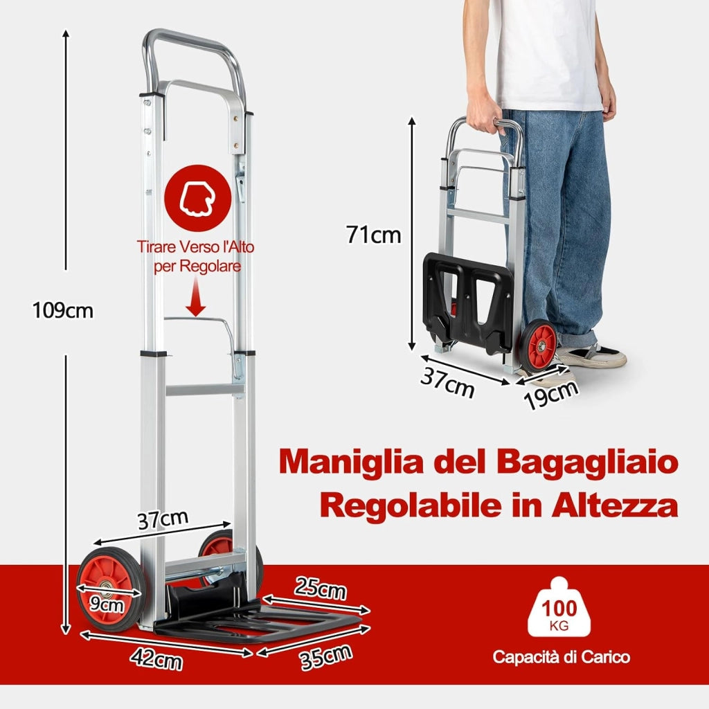 Carrello a Mano in Alluminio Pieghevole e Portatile, Carrello Portapacchi con Manico Telescopico Pieghevole e 2 Ruote in Gomma, Capacità di Carico 100 kg, per Casa, Giardino e Magazzino