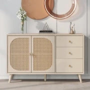 Credenza Moderna per Soggiorno con 2 Ante in Rattan e 3 Cassetti, Multiuso e Spaziosa, Bianco