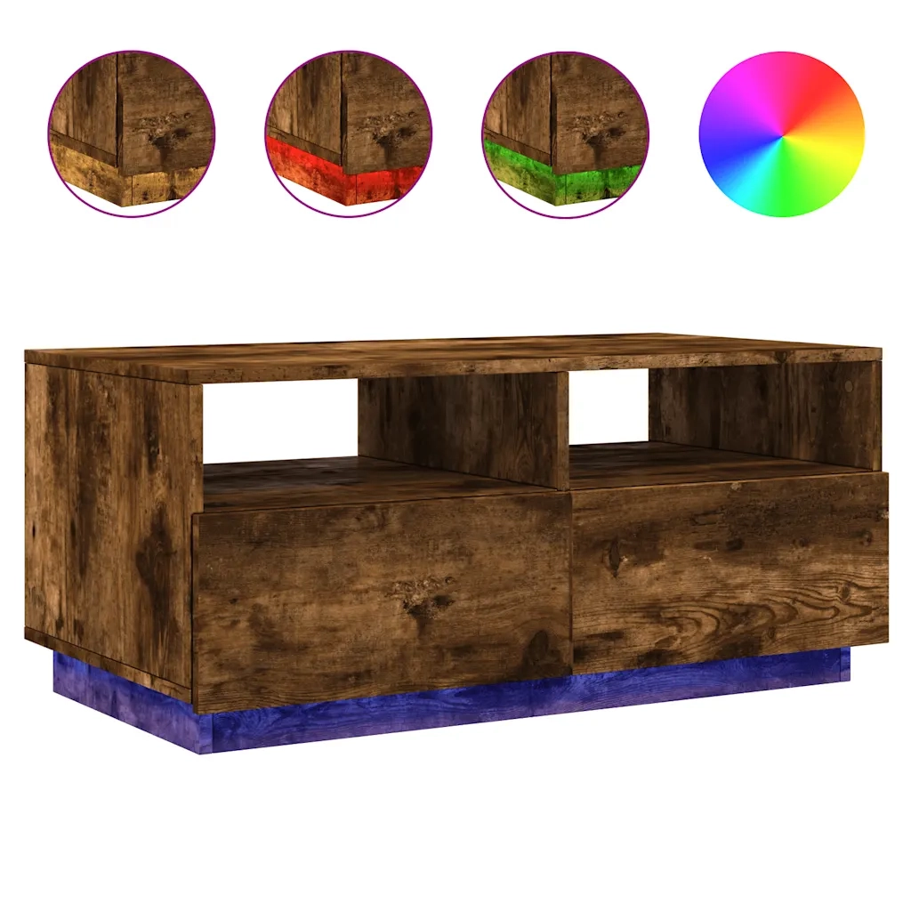 Tavolino da Soggiorno con Luci LED-Tavolino da Salotto-Tavolo Rovere Fumo 90x49x40 cm