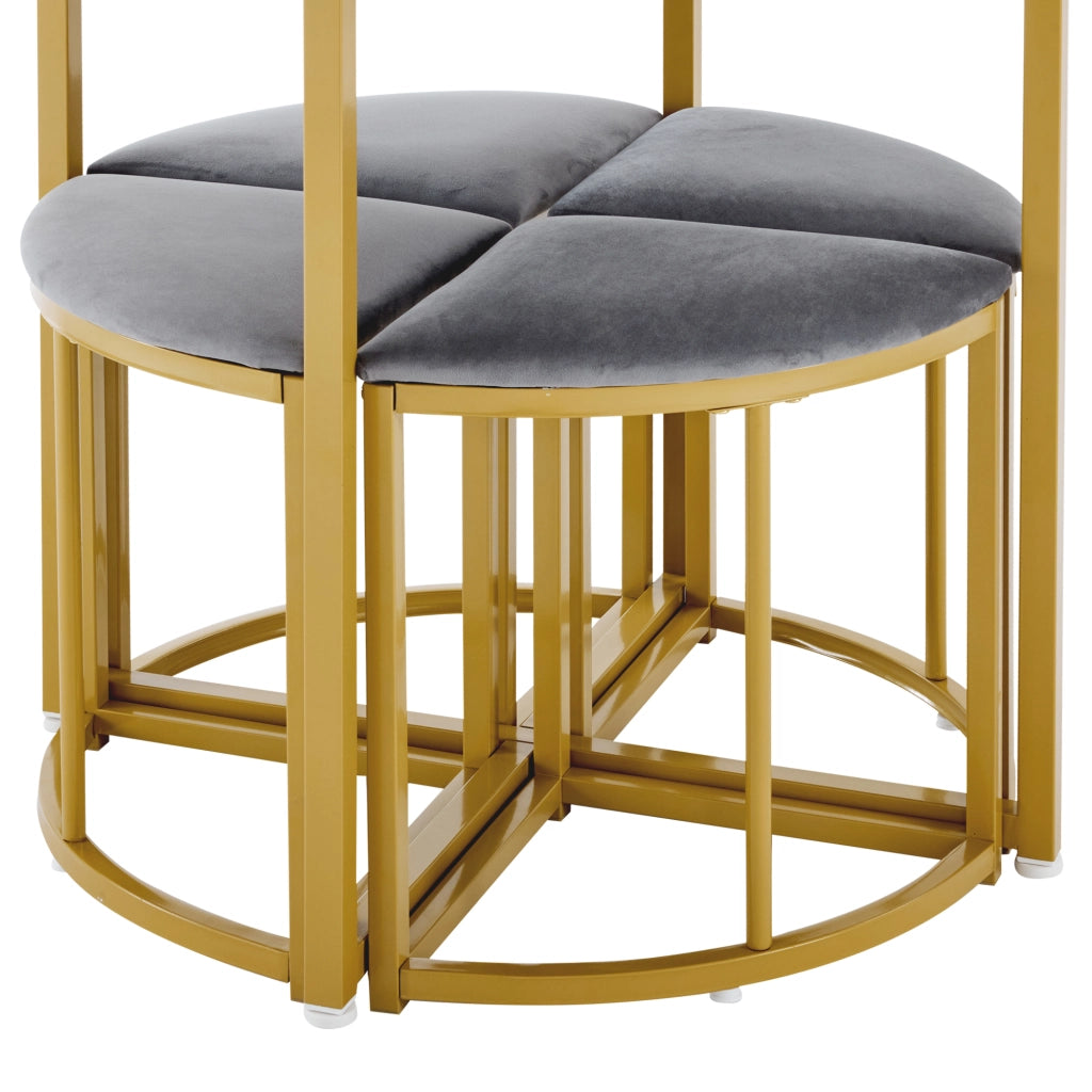 Tavolo da pranzo rotondo per 4 persone con 4 sedie, in MDF e metallo dorato, bianco e grigio, 80 × 80 × 75 cm