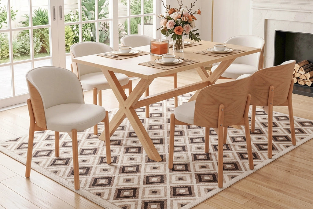 Sedia da sala da pranzo 6 pezzi con schienale avvolgente e imbottitura in lino in legno massiccio naturale