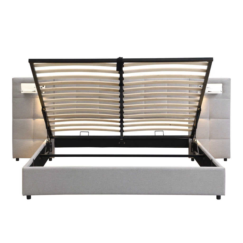 Letto imbottito 180x200 cm con USB, ricarica wireless, luce integrata e contenitore idraulico, grigio