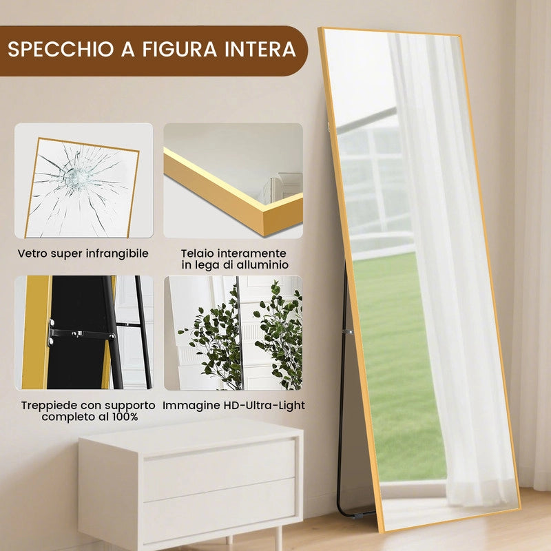 Specchio a figura intera, 162 x 52 cm,specchio da terra con supporto, specchio rettangolare a figura intera oro, autoportante o da appoggio