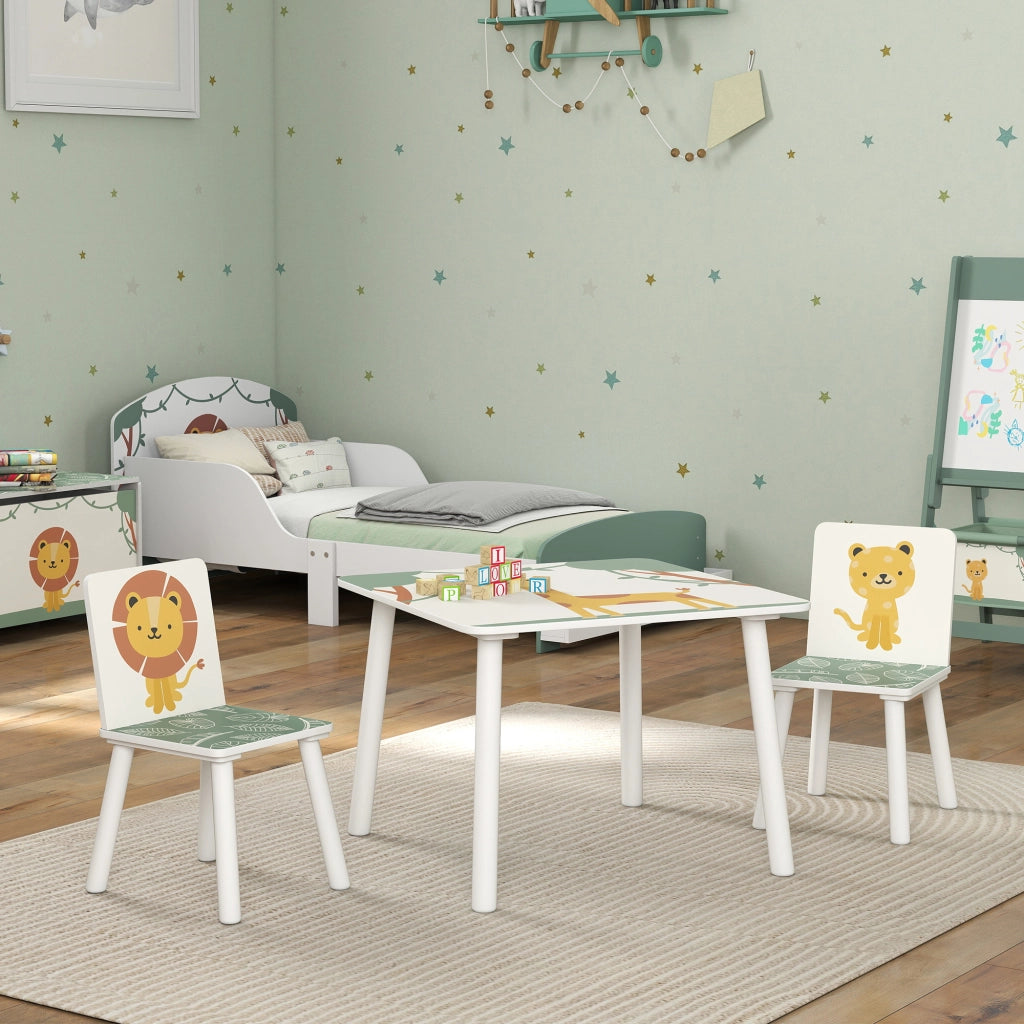 Set Tavolino e 2 Sedie per Bambini 3-8 Anni in MDF Fantasia con Animali Verde