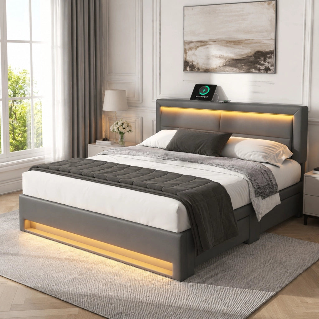 Letto imbottito 140 x 200 cm con USB, illuminazione LED e 4 cassetti, senza materasso, grigio