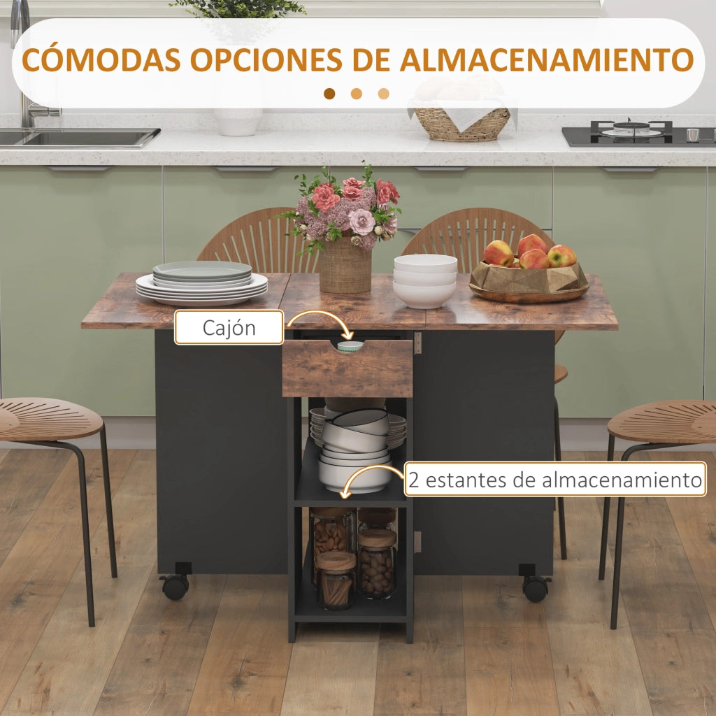 Tavolo da Cucina Pieghevole con Ruote e Cassetto ¨C Zephmum ¨C 120x72x75 cm Marrone e Nero