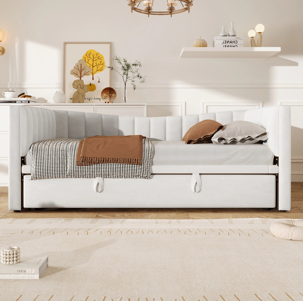 Divano letto 215x196.5x75 cm con letto estraibile; facile da pulire; velluto; bianco