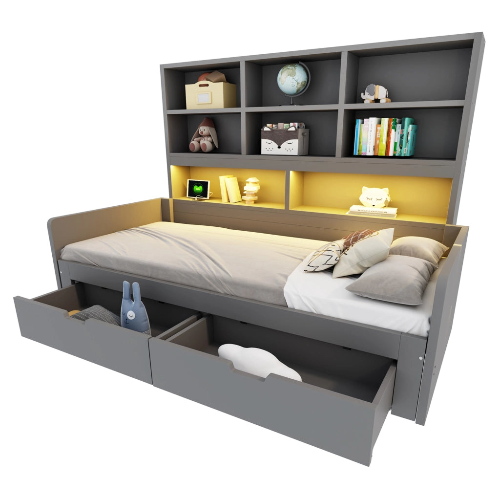Letto multifunzionale 90/180 x 200 cm in MDF grigio con LED; prese; cassetti e vani aperti
