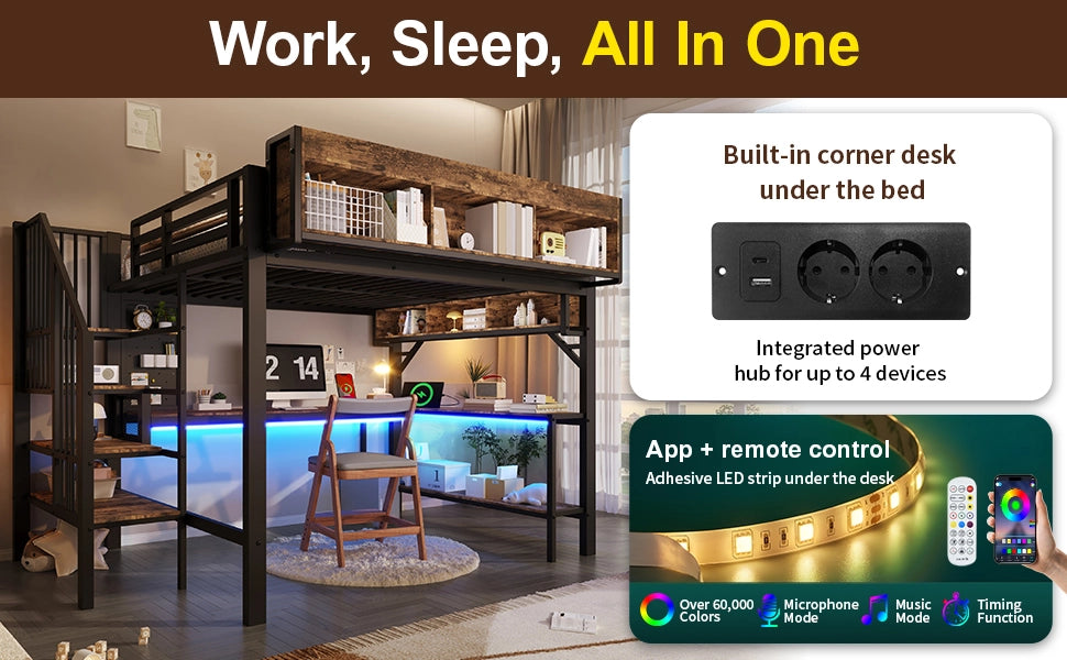 Letto a Soppalco con Scrivania 140x200 ¨C MINIMAL ¨C Legno, LED, USB, Nero Vintage