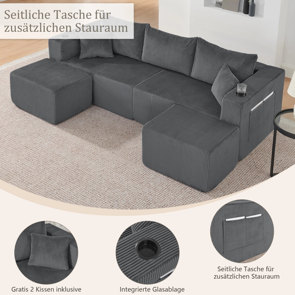 Divano angolare modulare 3 posti con pouf mobili, portabicchieri, tasche laterali e cuscini in tessuto a coste grigio