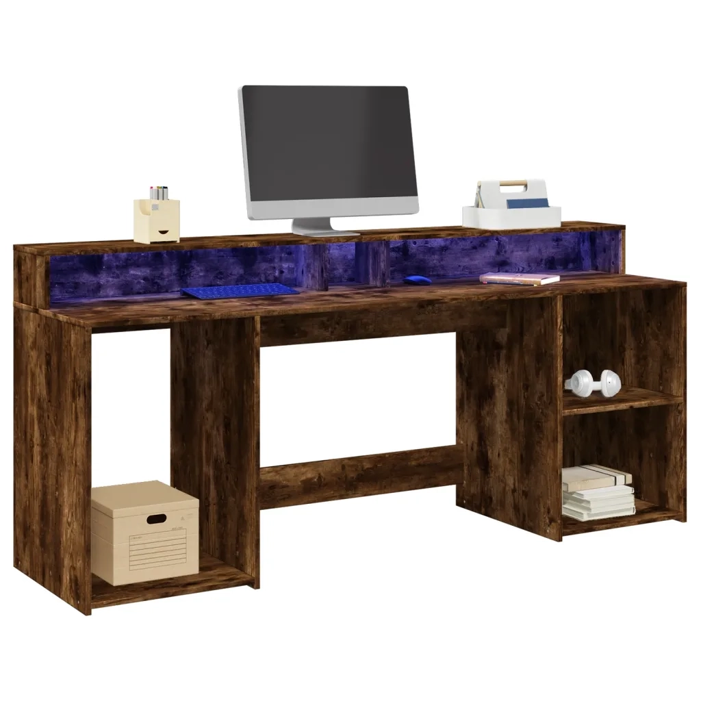 Scrivania | Tavolo da Ufficio con Luci LED Rovere Fumo 200x55x91 cm in Truciolato