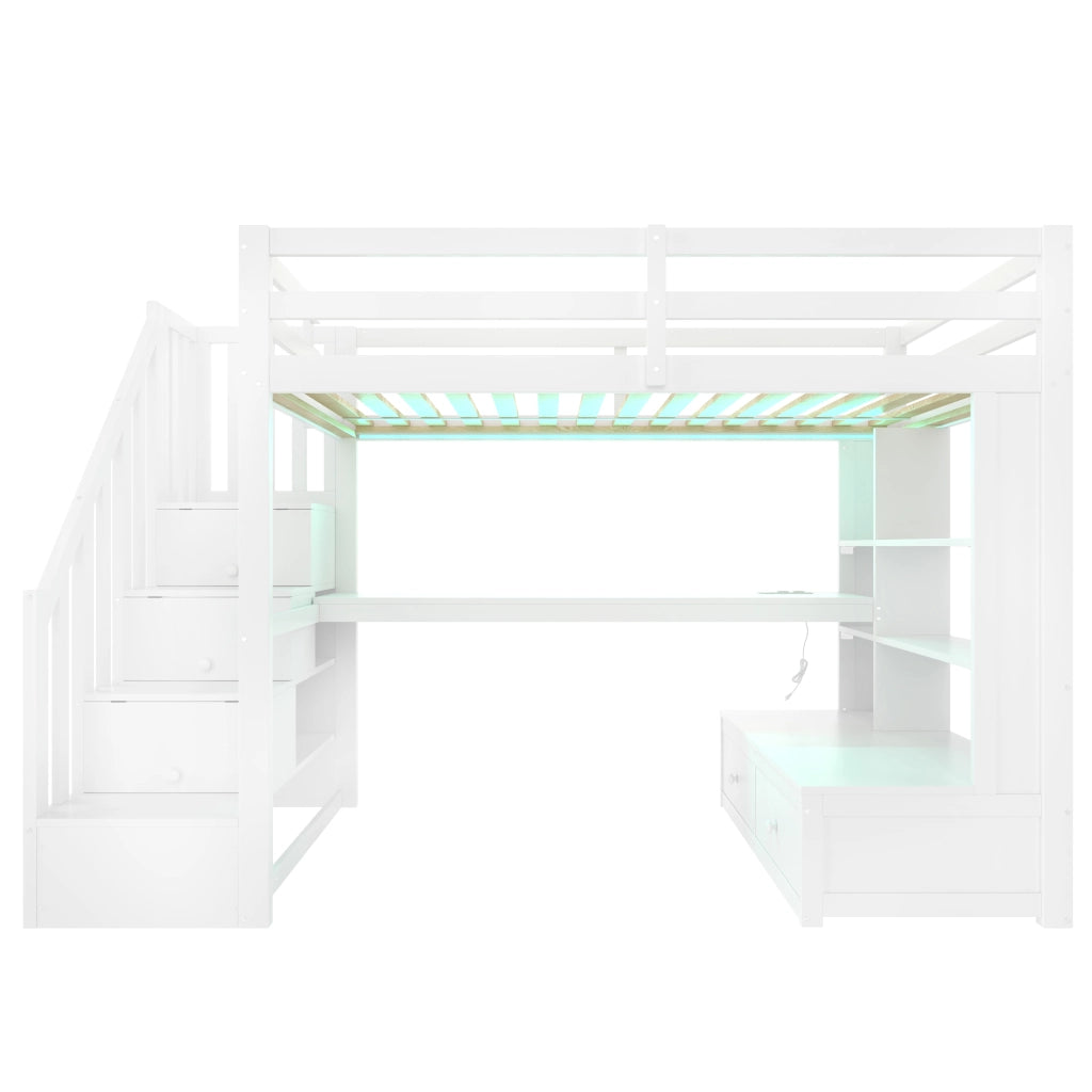 Letto a soppalco 90 × 200 cm con scrivania, ripiani, 2 cassetti, scala contenitore et LED, senza materasso, bianco