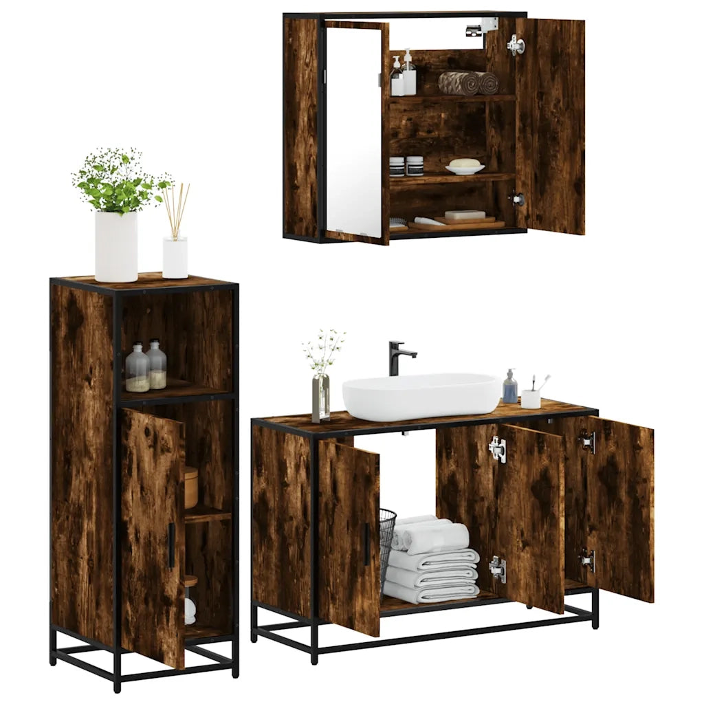 Set Mobili da Bagno 3 pz Rovere Fumo in Legno Multistrato 3300952