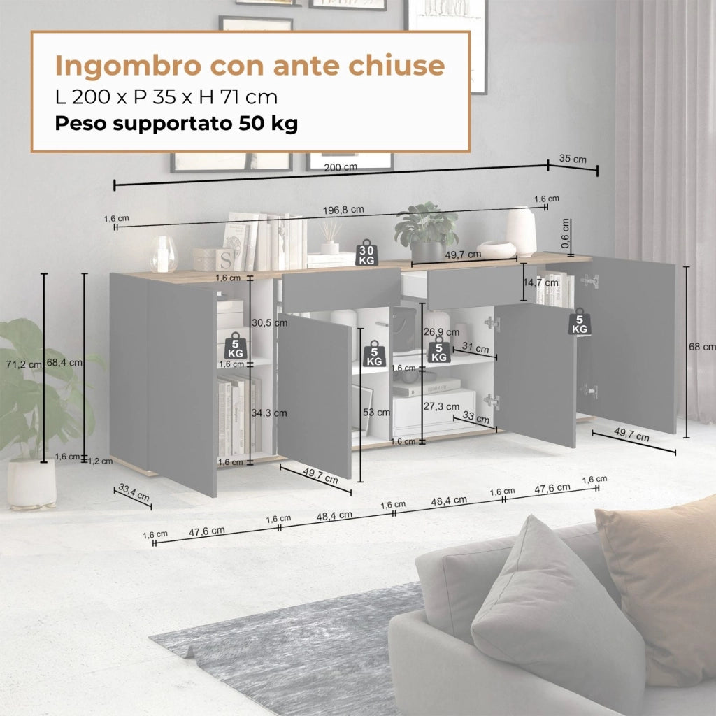 WHOUS Madia Garda a 4 ante e 2 cassetti antracite opaco/rovere 200x35x71 cm