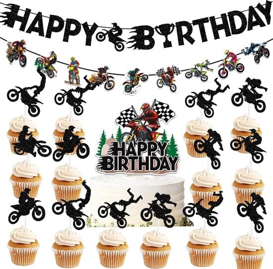 Decorazione di compleanno per moto 19 pezzi - accessori di festa - toppers di torta - banner - compleanno - materiale cartaceo - decorazione di festa
