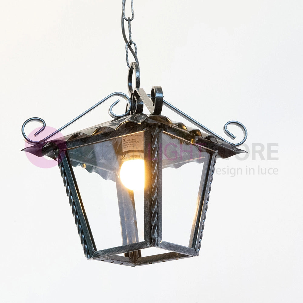 UMBRIA PICCOLA Lanterna Quadrata L.21 con Catena Ferro Battuto Design Rustico