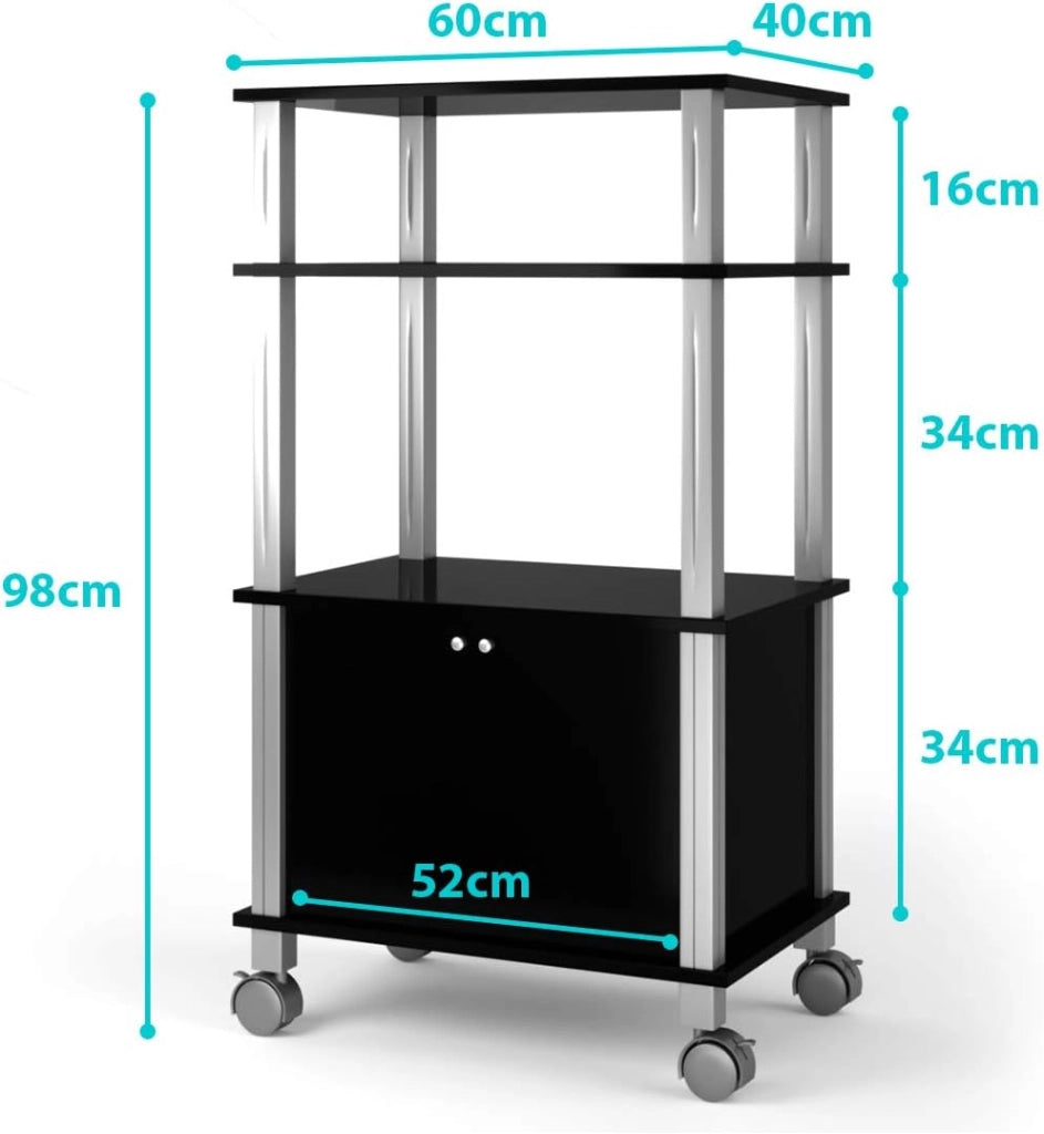 Carrello a rotelle a microonde, carrello da cucina a microonde, con 4 ruote e 2 freni, ripiano portaoggetti a 3 livelli e armadio ante,60 x 40 x 98 cm (Nero)