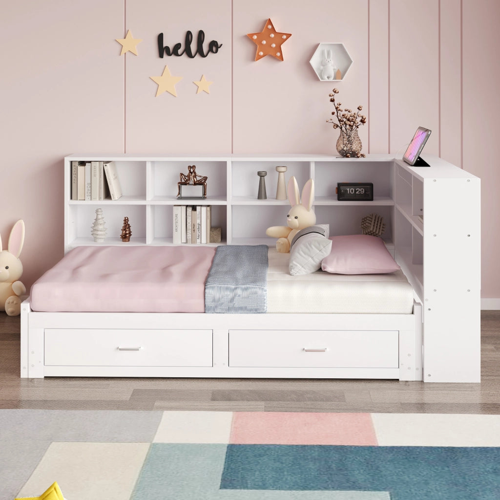Letto singolo estraibile in legno con contenitore e prese, bianco 90/180x190 cm