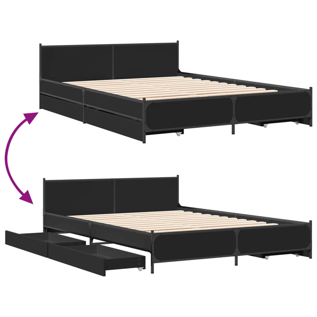 Letto matrimoniale | Letto per adulti | Giroletto con Cassetti Nero 135x190 cm in Legno Multistrato