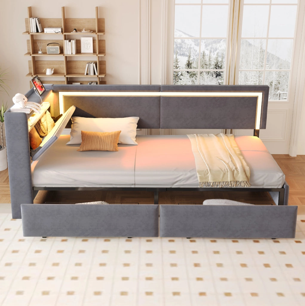 Divano letto 90x200 cm con LED, USB e contenitore in velluto grigio scuro