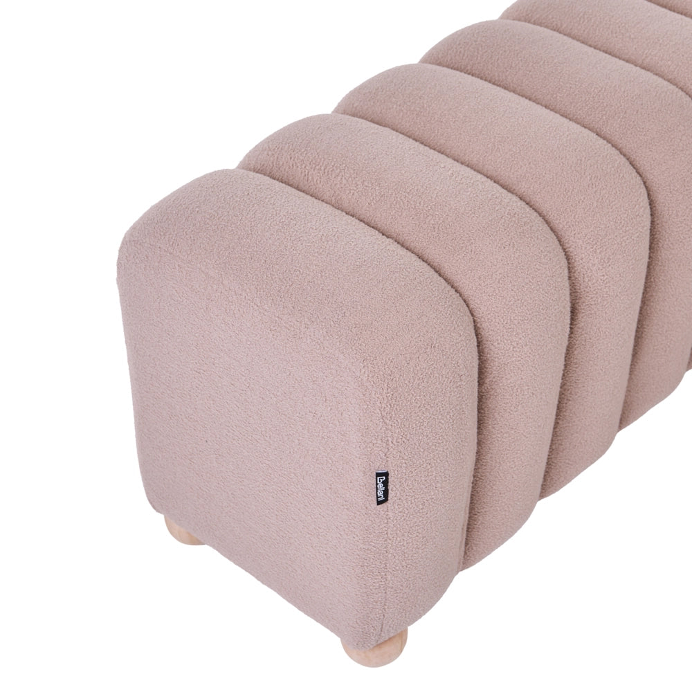 Pouf a coste con rivestimento in bouclé gambe in legno beige design moderno, accessori per il soggiorno