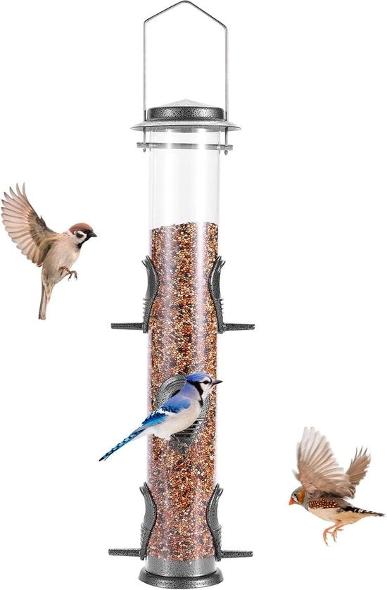 Casa per uccelli - Tubo per uccelli - Costruzione metallica a prova di scoiattolo - Progettata senza aperture di accesso - 6 aperture di alimentazione - Materiale duro in plastica e acciaio grigio - 1 pezzo - Adatto per balcone, giardino e esterno