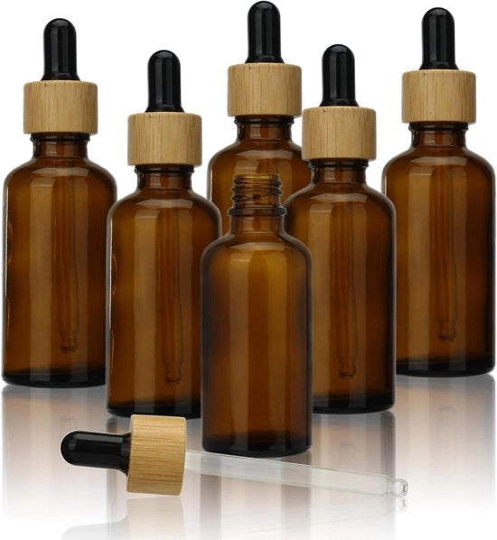 Olio di vetro druppelaar fles 50ml amber con tappo in bambù - Ideale per serbatoio di essenze serali - Fiala per l'immagazzinamento delle essenze essenziali