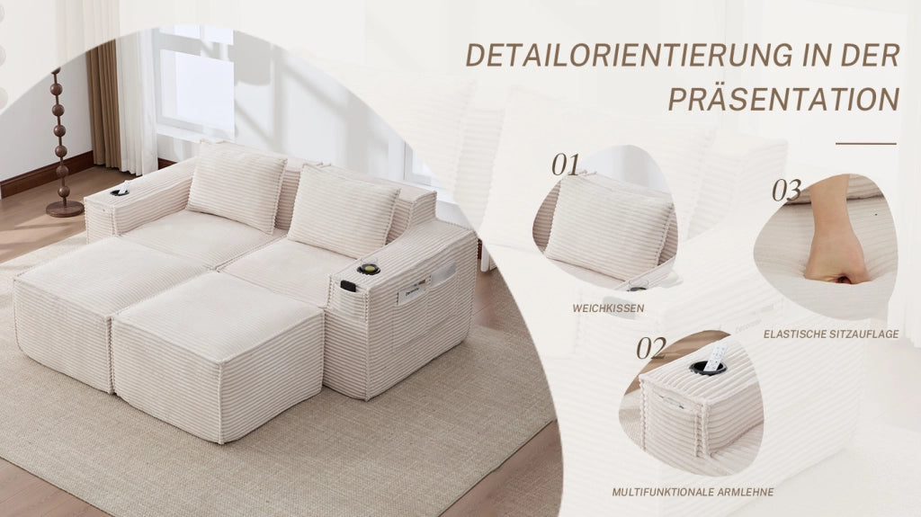 Divano Modulare 2 Posti in Tessuto a Coste con Portabicchieri e Tasche Laterali, Beige