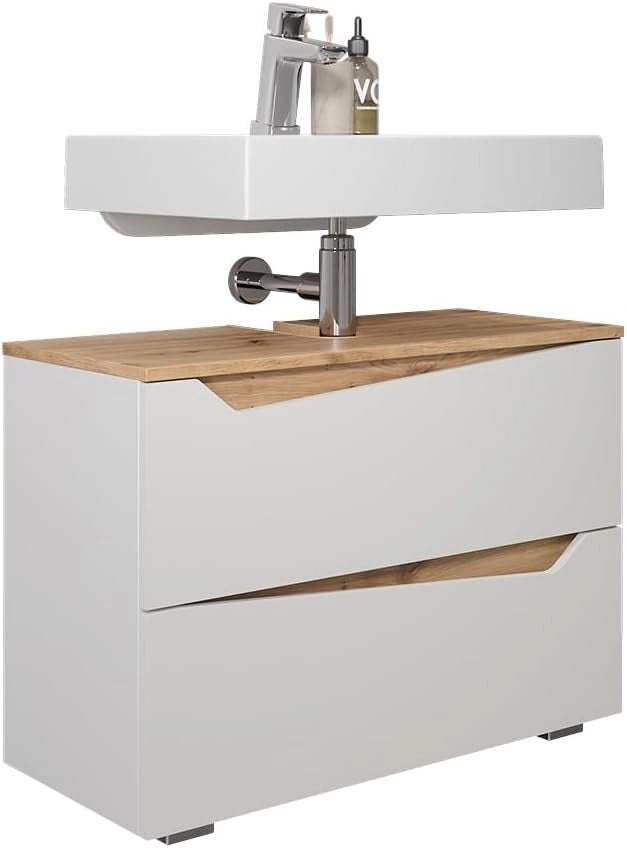 Mobile sottolavabo per bagno Marelle, Bianco/Artisan, 80 x 57.5 cm con 2 cassetti, adatto per l'installazione sotto lavabi standard