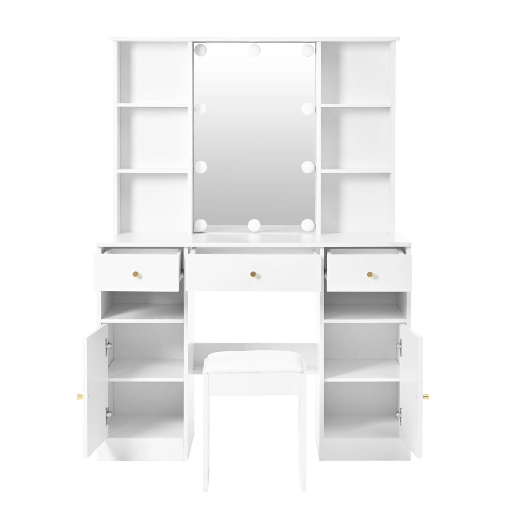 Tavolo da trucco bianco con specchio LED regolabile; 3 cassetti e 2 ante; 110x40x151 cm