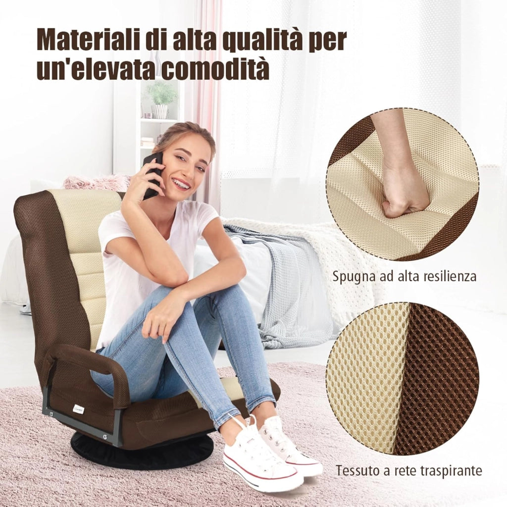 Sedia da Pavimento Pighevole, Sedia da Terra con Braccioli, Poltrona da Yoga Portatile e Girevole, Poltrona con Schienale Regolabile a 5+2 Livelli, Portata 150 kg (Marrone-Beige)