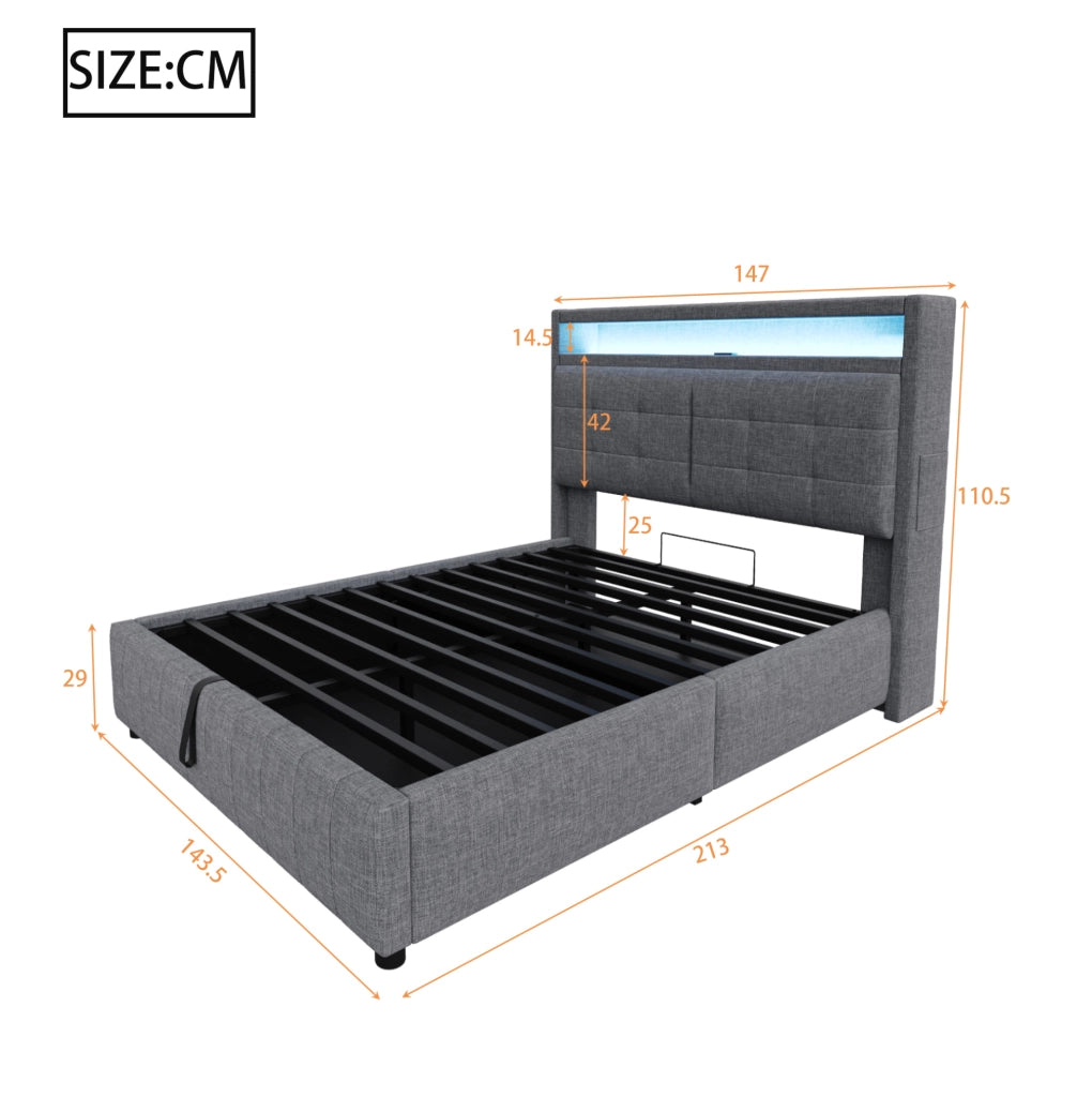 Letto matrimoniale imbottito 140x200 cm con LED e USB grigio