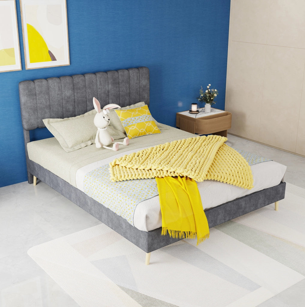 Letto imbottito 140 x 200 cm in tessuto effetto velluto olandese grigio con materasso incluso