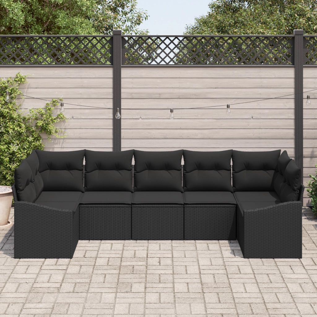 Set da Giardino da 7 Pezzi di con Cuscini Nero Polyrattan