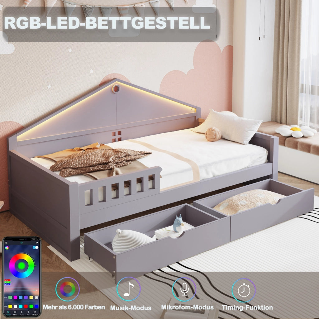 Letto singolo multifunzione 90x200 cm con LED e 2 cassetti; grigio in legno e MDF