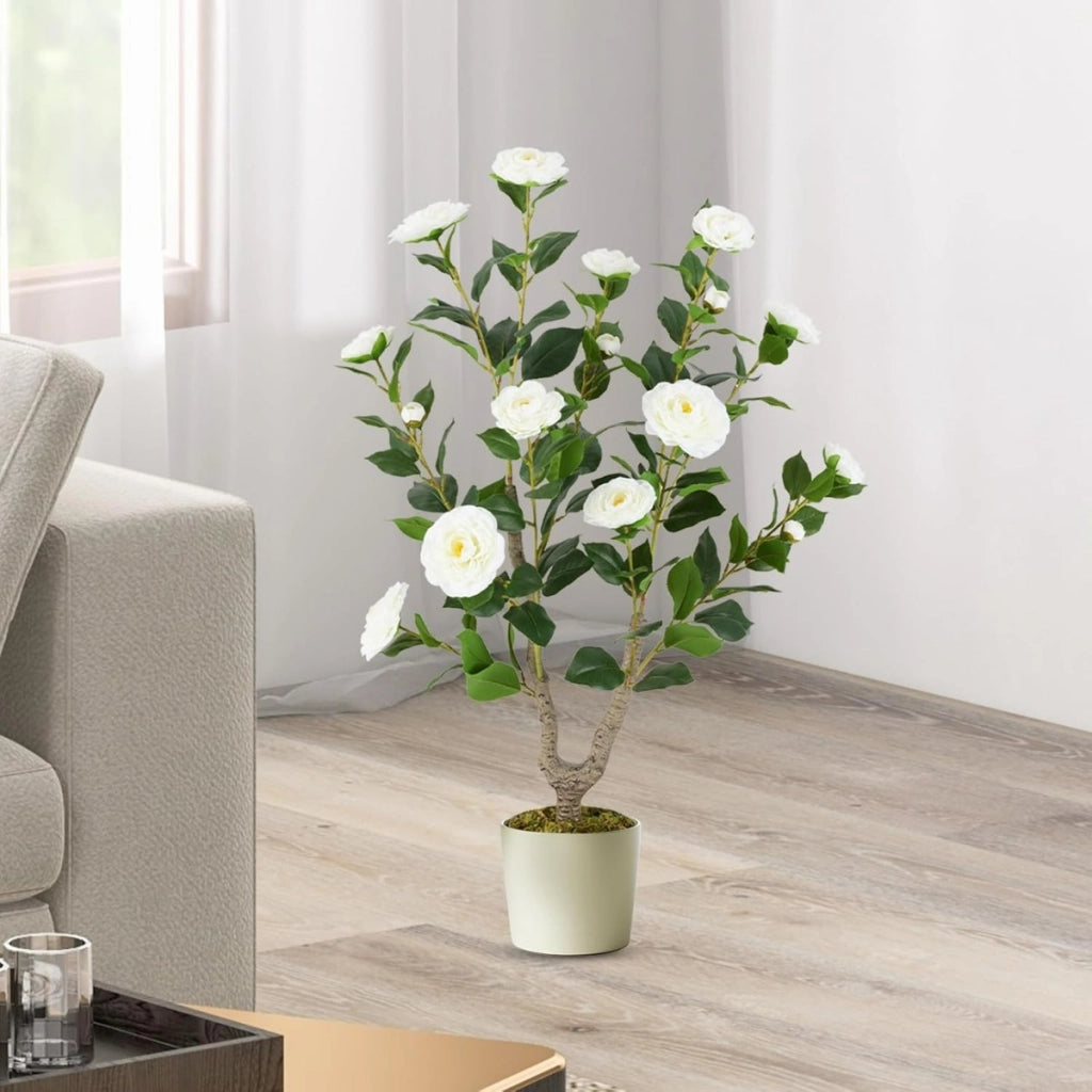 Albero di camelia artificiale da 90 cm, Pianta finta con fiori in vaso da vivai, Bianco e Verde-Piante artificiali