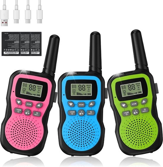 Radiocomunicatore portatile ricaricabile con portata di 3 km - batteria 1000 mAh - set di 3 con torcia VOX - per attività all'aperto, campeggio, escursioni