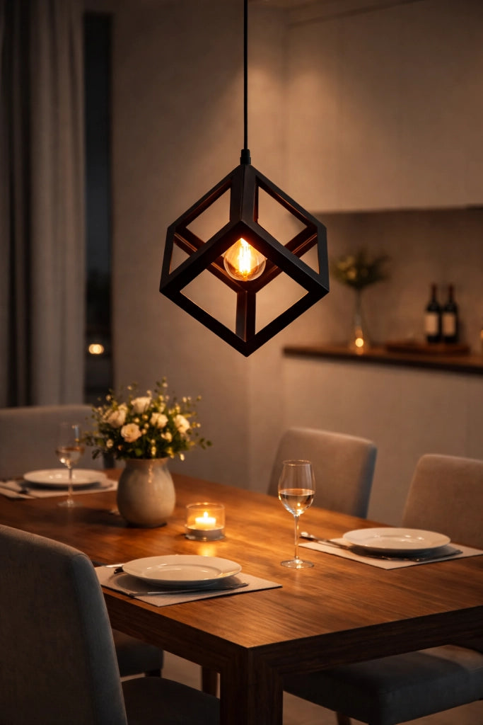 Lampadario Cubo Geometrico a Sospensione Nero Attacco E27 Lampada Industrial Moderna Metallo per Cucina Tavolo Soggiorno Ristorante