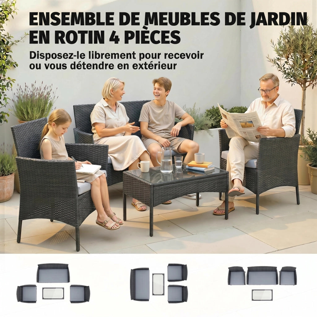 Set da giardino 4 posti in polyrattan con divani e tavolino in vetro ¨C zephmum ¨C grigio