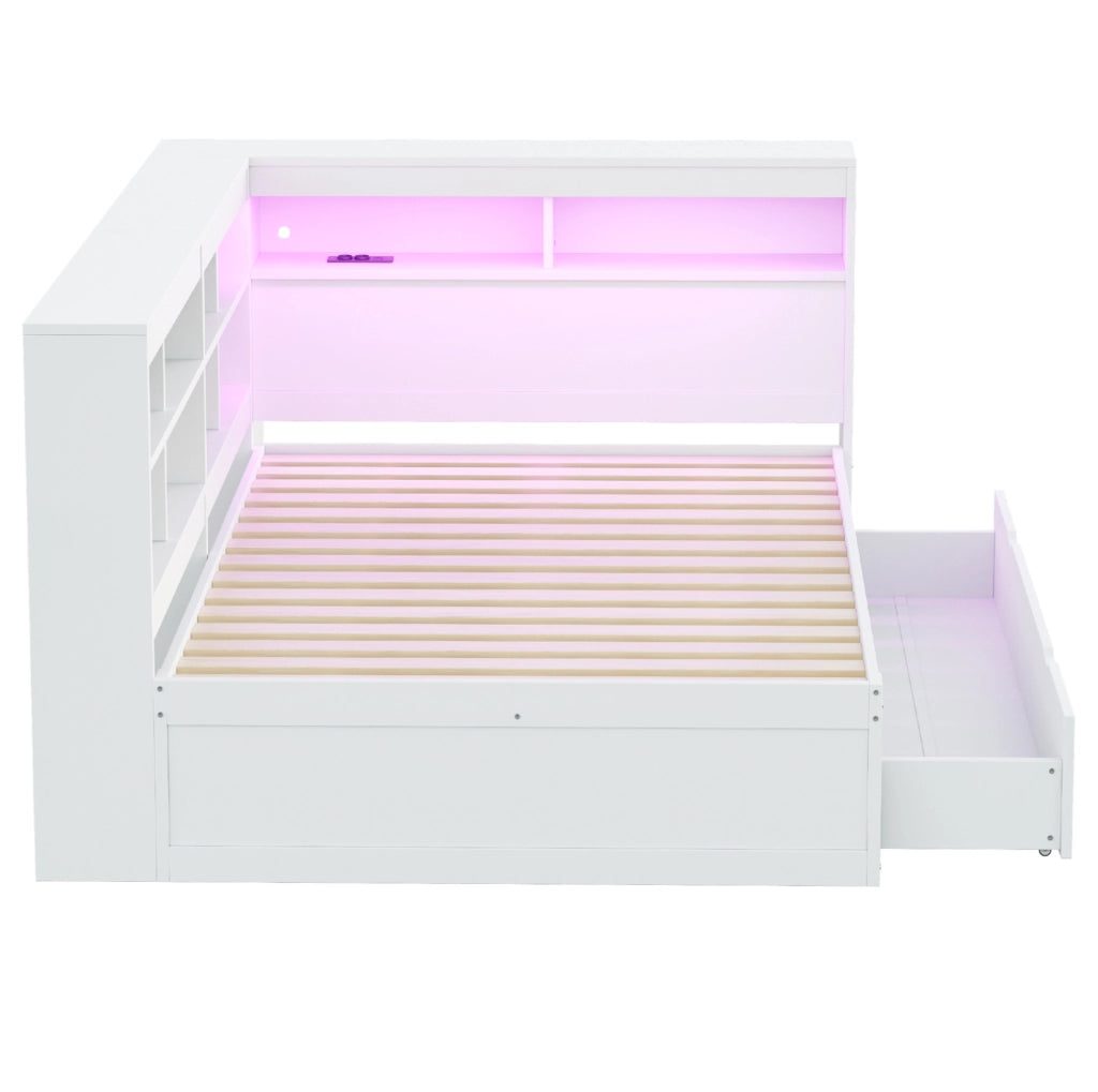 Divano letto 140x200 cm; con USB e LED; legno bianco
