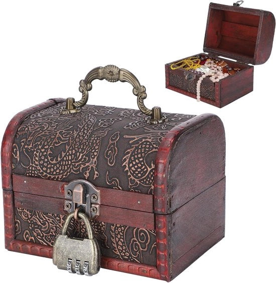 Organizzatore retro in legno per gioielli e accessori fotografici con chiusura a serrature e protezione con codice di accesso - piccola dimensione