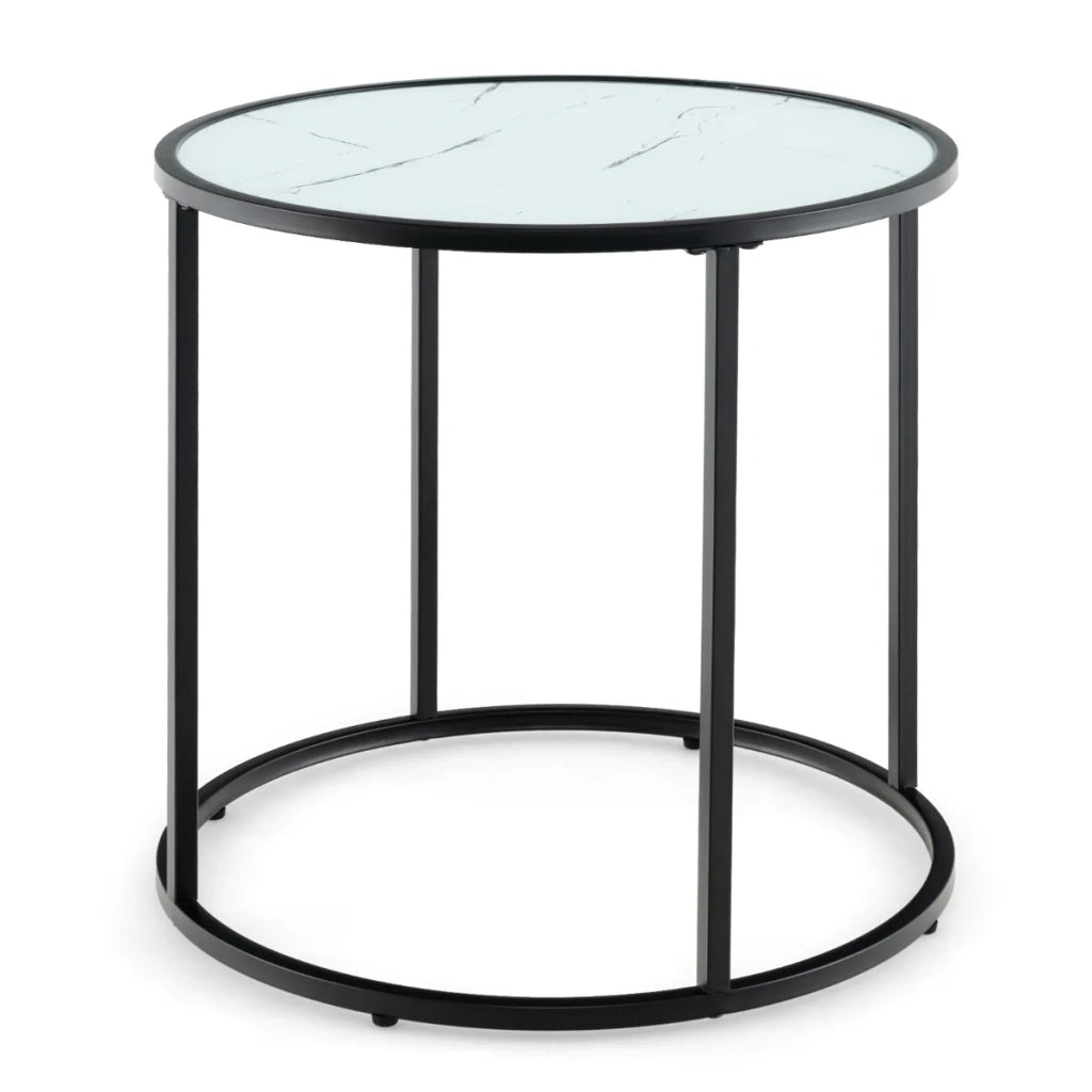 Tavolino rotondo 50 x 50 x 50 cm in vetro temperato effetto marmo dal design moderno ed elegante in metallo bianco e nero 20_0014072