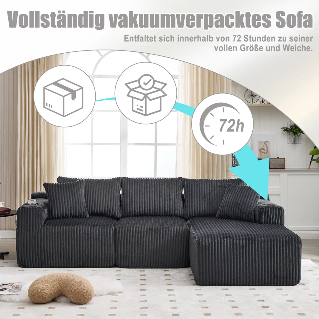 Divano modulare con chaise longue e 2 posti, tasche laterali, portabicchieri e 5 cuscini in tessuto a coste grigio