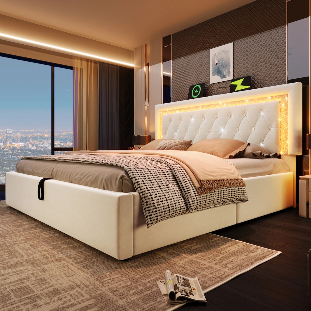 LETTO contenitore 160x200 cm in velluto beige con LED, USB e USB-C
