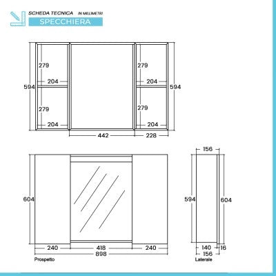 Specchio contenitore 90x60 cm bianco con LED e ripiani interni