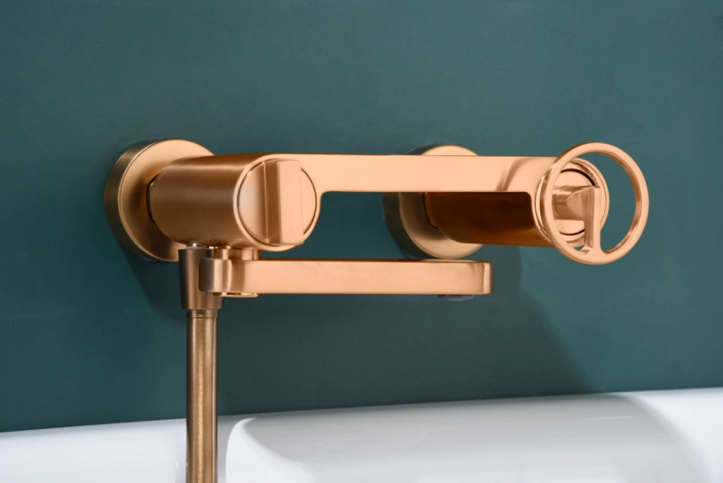 IMEX Set miscelatori monocomando vasca oro rosa in ottone e zama con tubo flessibile acciaio 180 cm doccetta tonda con supporto ABS cartuccia ceramica Ø35 mm Imex-BDC033-4ORC
